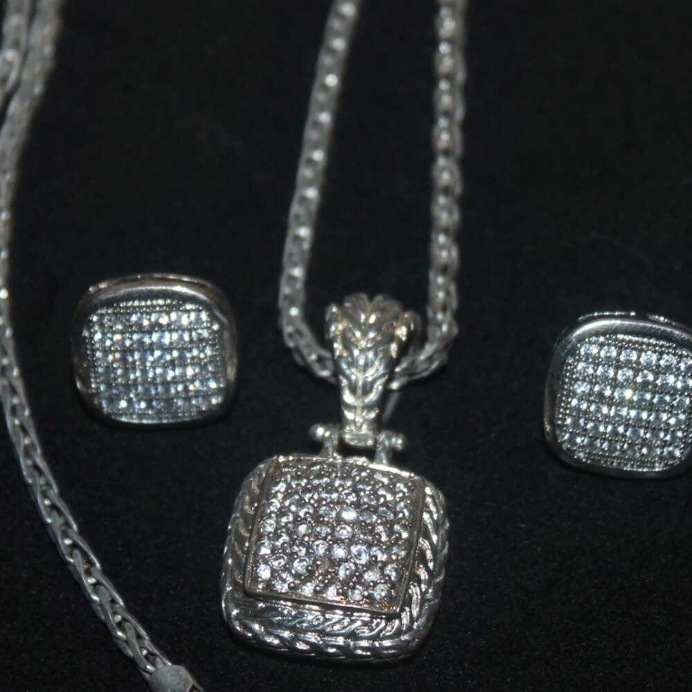 Iconic 925 Sterling Charm Pendant w Stones & Coordinating Earrings Statement Set